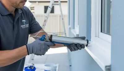 Professional house painter applying exterior caulking and sealing in Indianapolis, IN for weather protection