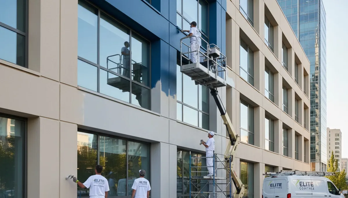 Professional commercial painters working on office exterior in Indianapolis, IN
