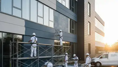 Professional commercial painters in Indianapolis IN applying durable coatings to business exterior