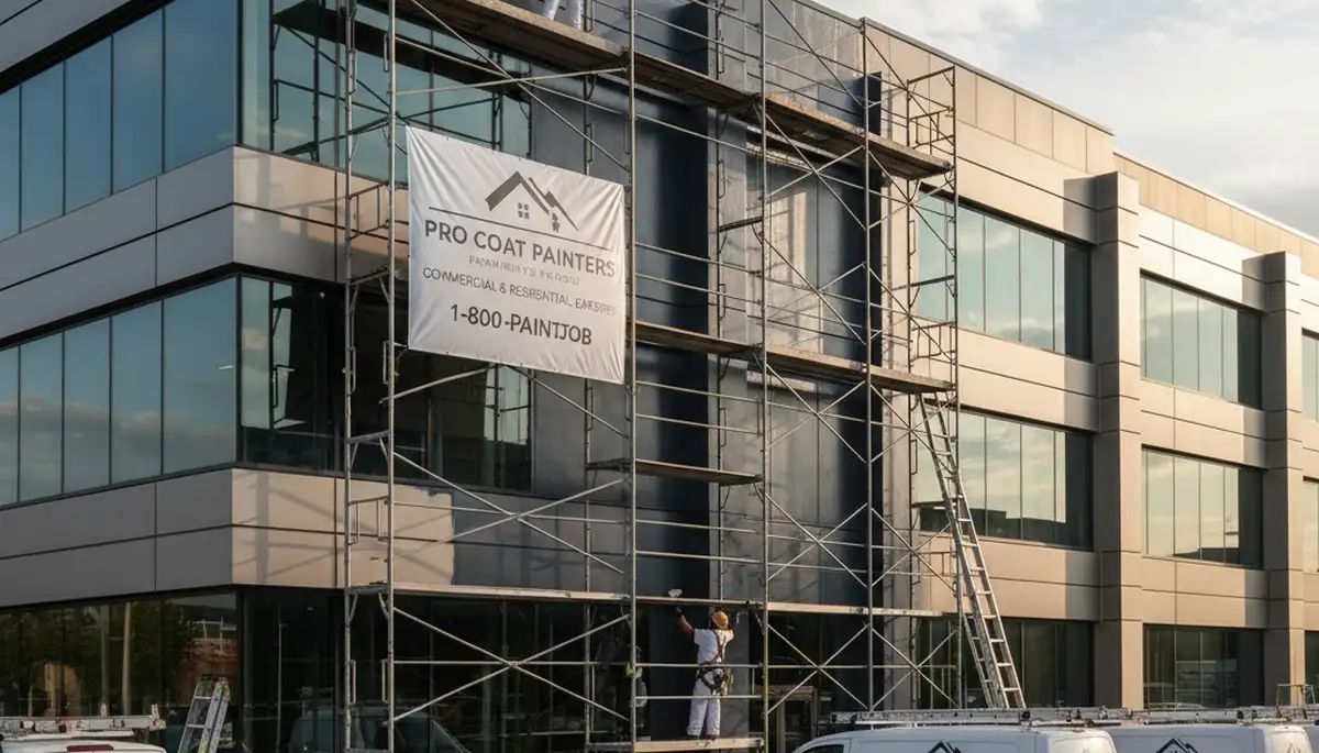 Professional commercial painters working on office exterior in Indianapolis, IN