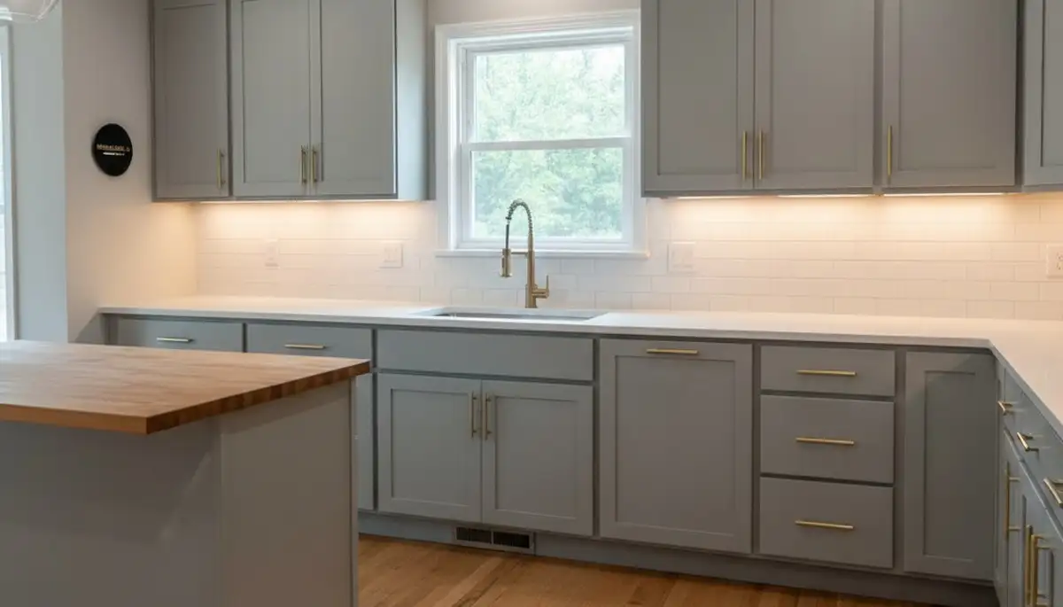 Refinished kitchen cabinets in Indianapolis, IN with smooth modern paint finish by local house painters