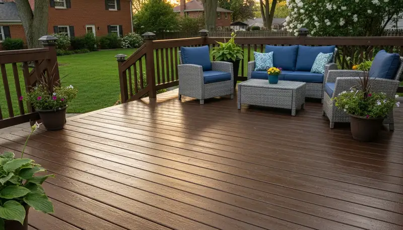 Professional deck staining in Indianapolis IN highlighting restored wood finish and weather protection