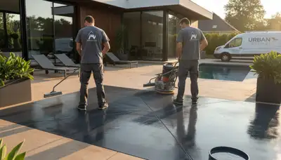 Professional concrete staining on residential garage floor in Indianapolis, IN by expert painters