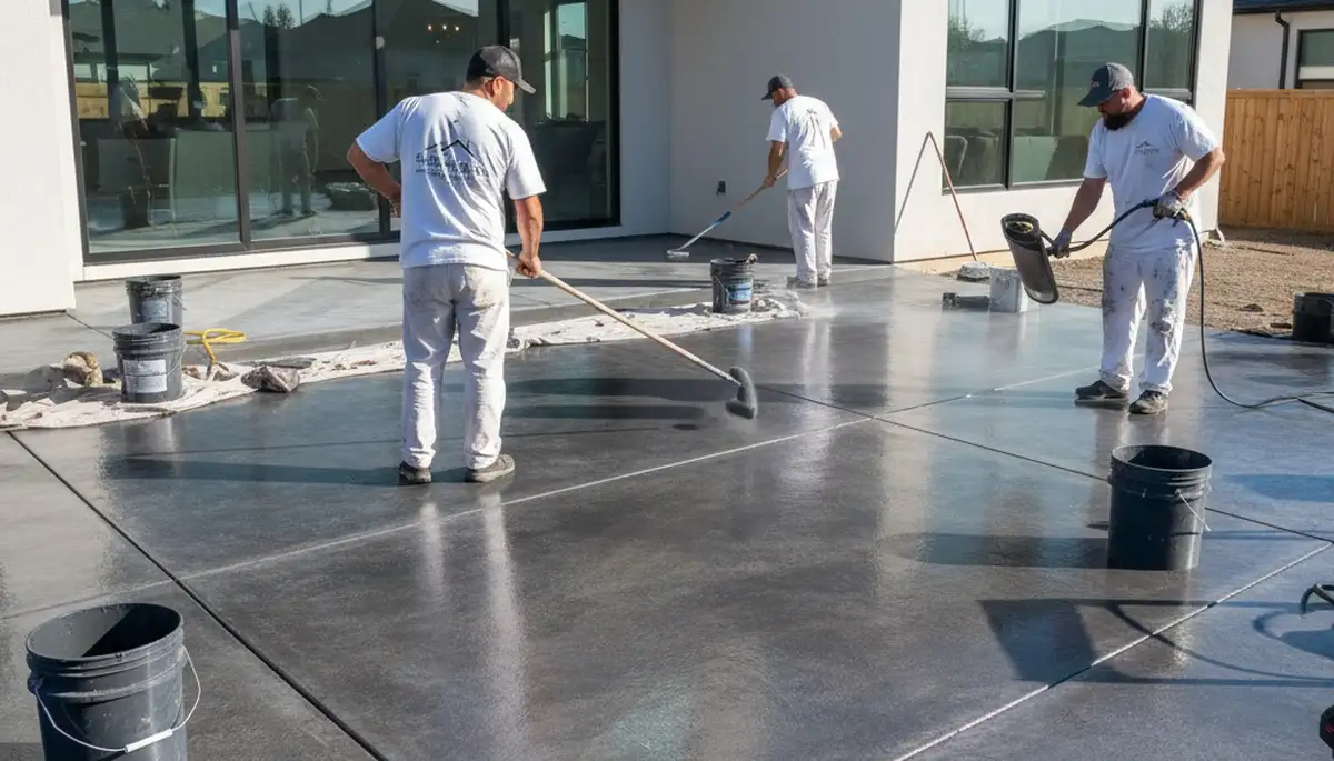 Professional concrete staining on residential garage floor in Indianapolis, IN by expert painters