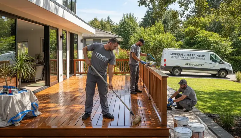 Professional deck staining by house painters in Indianapolis IN protecting wood from Midwest weather