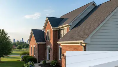 Professional painter applying weather-resistant fascia board paint on Indianapolis, IN home exterior