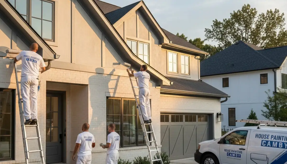Professional house painters working on exterior home in Indianapolis, IN