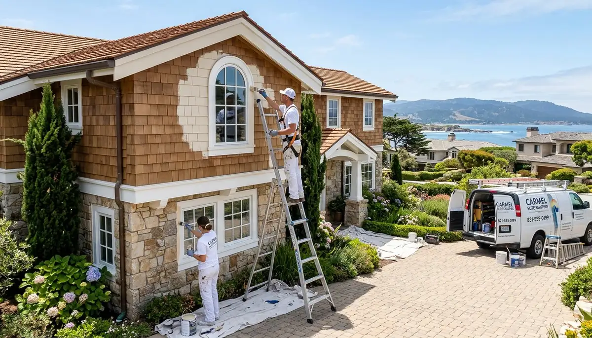 Professional house painters working on residential exterior in Indianapolis, IN
