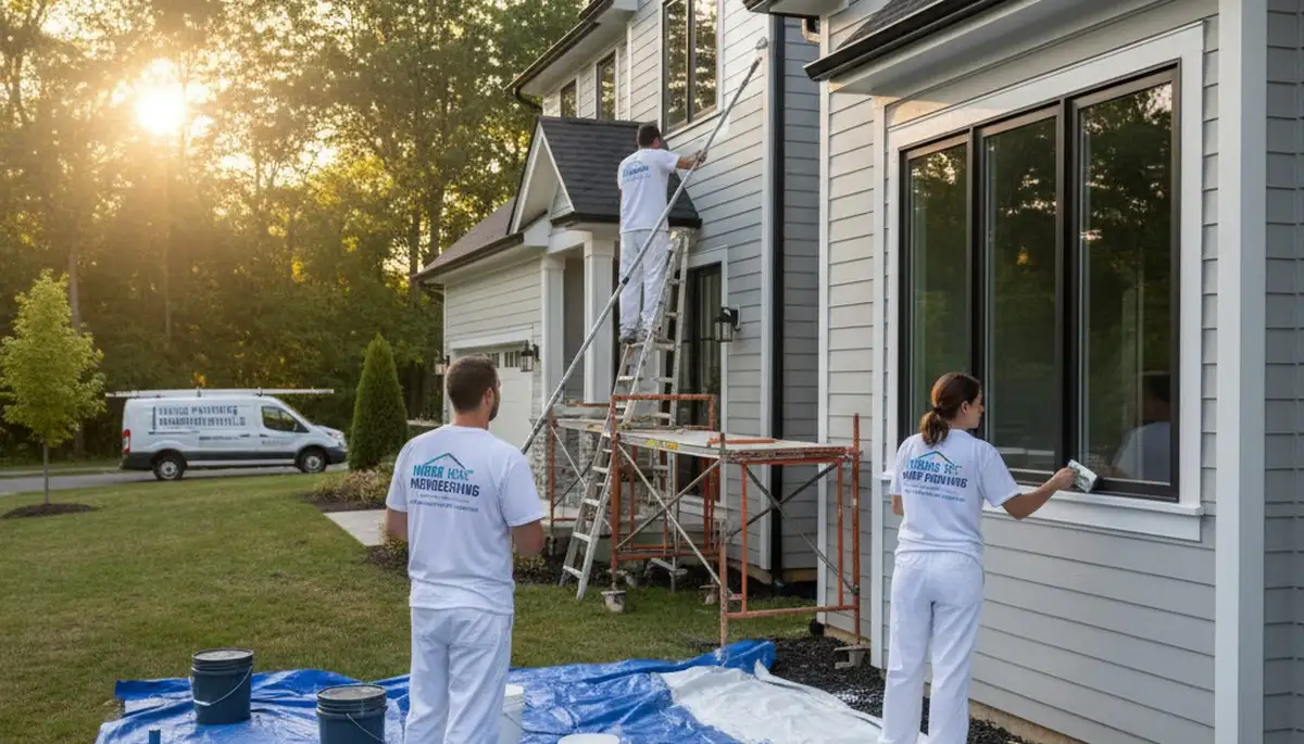 Professional exterior house painters in Indianapolis IN applying fresh residential paint finish