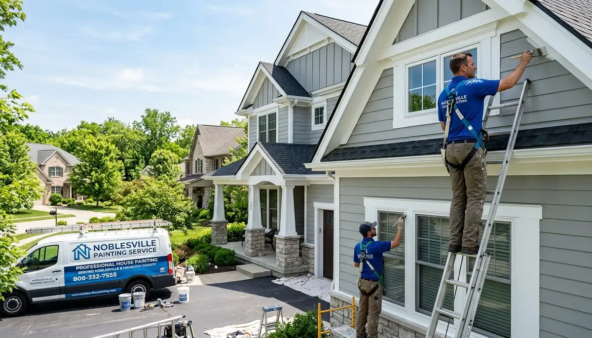 Professional house painters in Indianapolis IN applying exterior paint to a residential home
