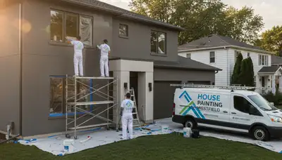 Professional house painters in Indianapolis, IN painting a home exterior with quality finishes