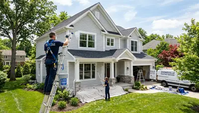Professional house painters working on a residential home exterior in Indianapolis, IN