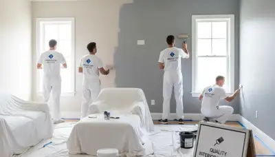 Professional interior house painters working on living room walls in Indianapolis, IN