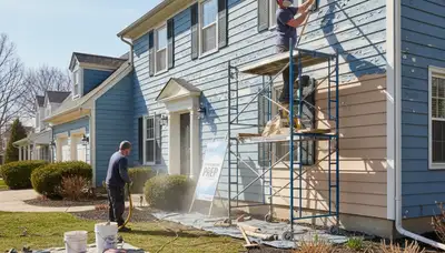 Painter sanding exterior siding during surface preparation for house painting in Indianapolis, IN