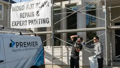 Painter repairing exterior wood rot on Indianapolis home siding, expert wood restoration service