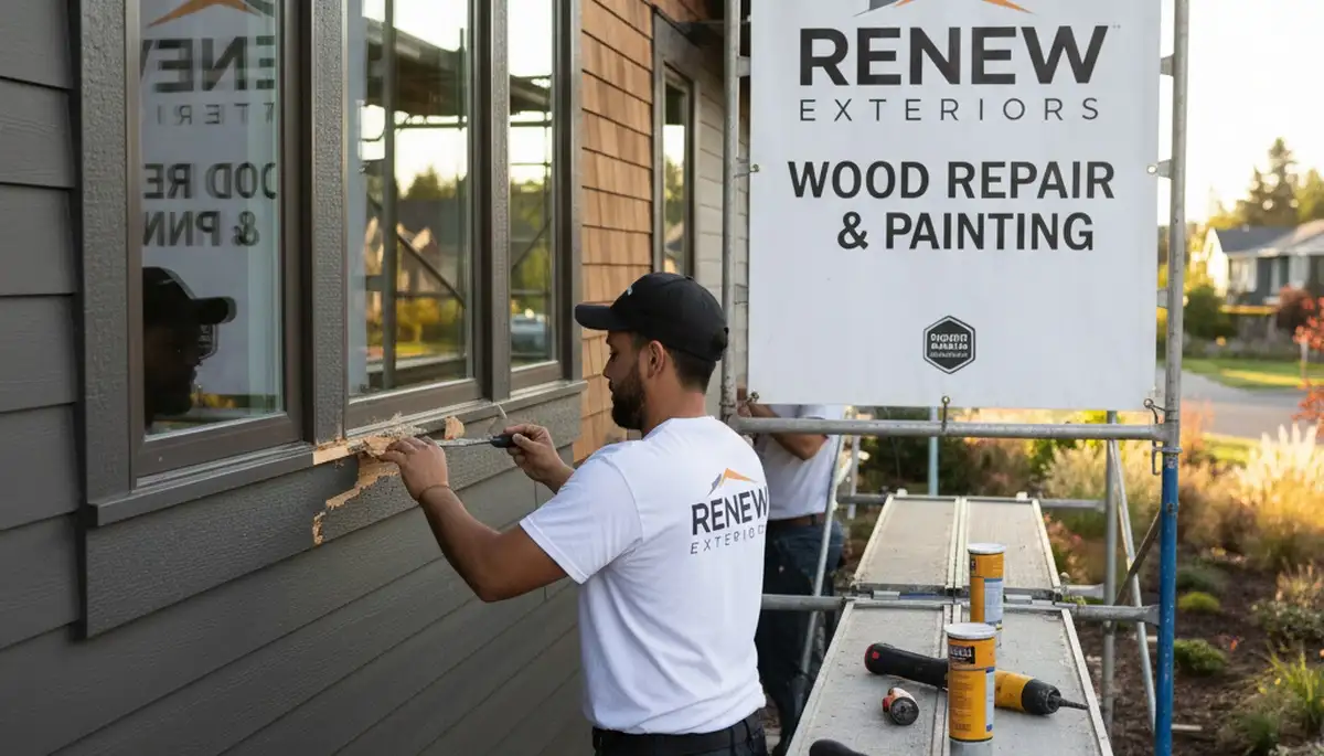 Contractor repairing exterior wood rot on home siding in Indianapolis, IN